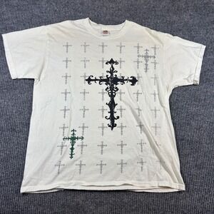 Fruit of the‎ Loom Shirt Men's XL Grunge Gothic Cross All Over Print White Y2K